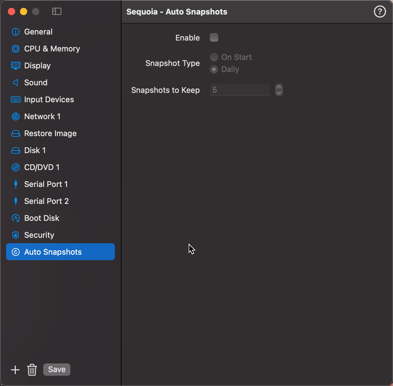 Auto Snapshots Section