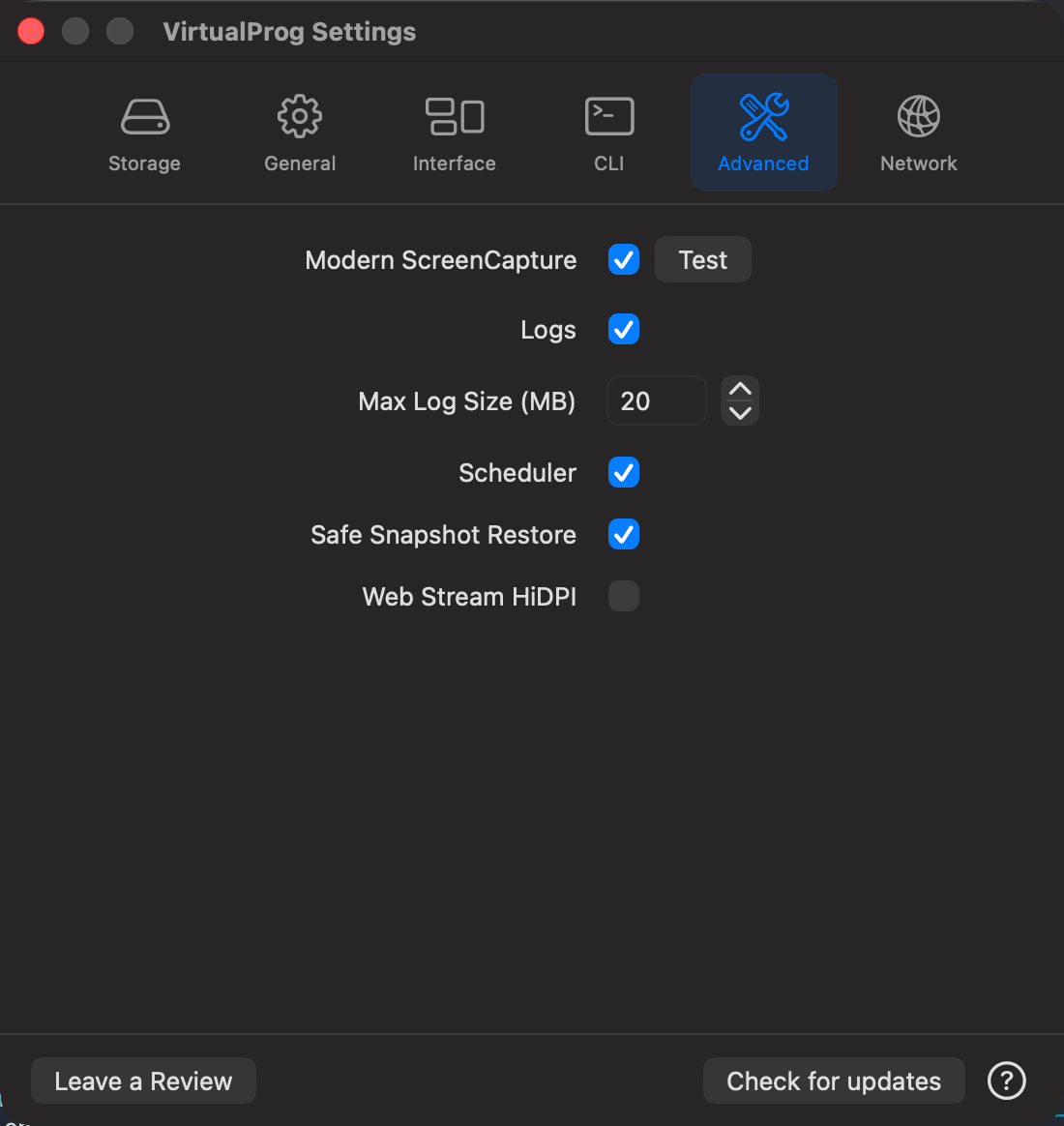 Settings Advanced